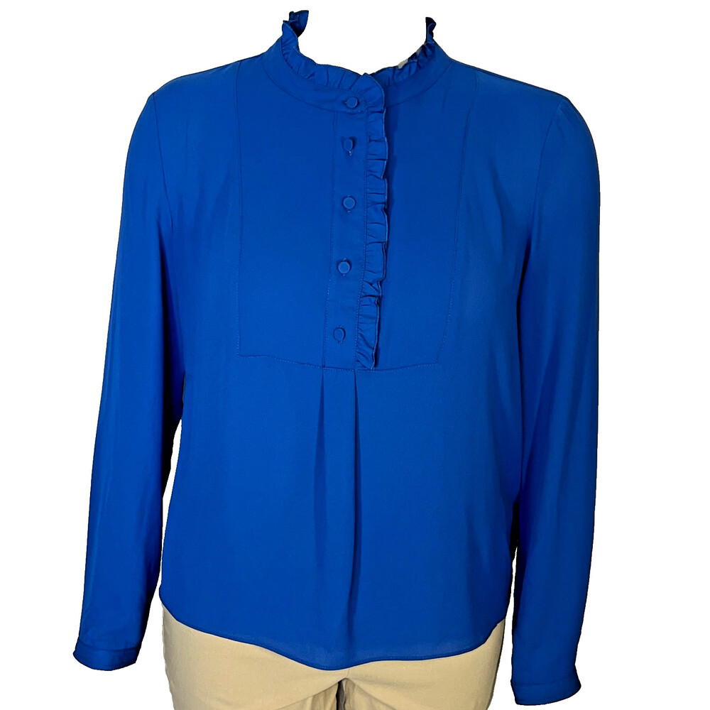 J. Crew Blouse Womens L Cobalt Blue Ruffle Neck Henley 1/4 Button Long Sleeve